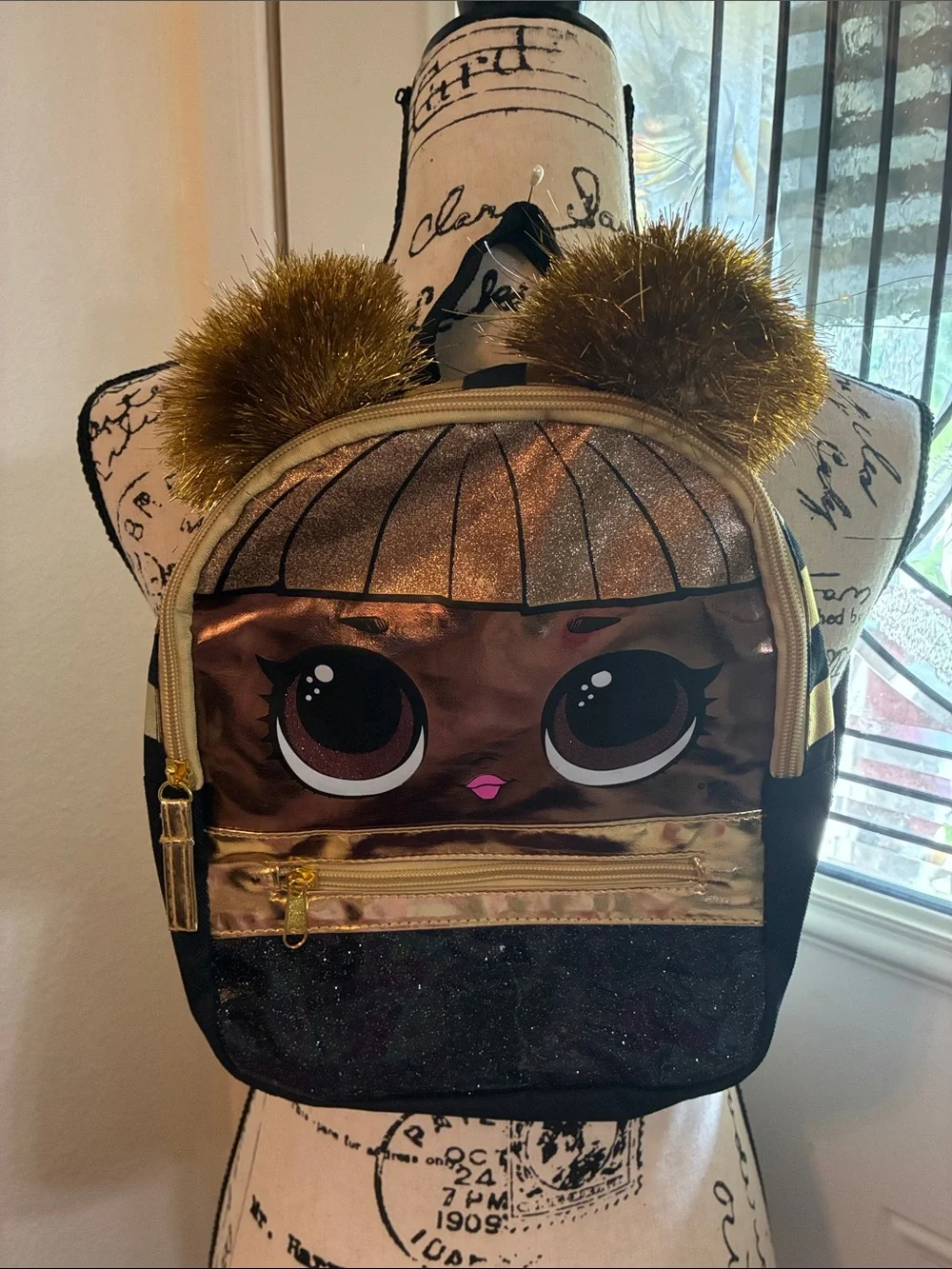 L.O.L. Surprise! Gold and Black Sparkle Kids Backpack with Pom-Pom Ears-NWOT’S